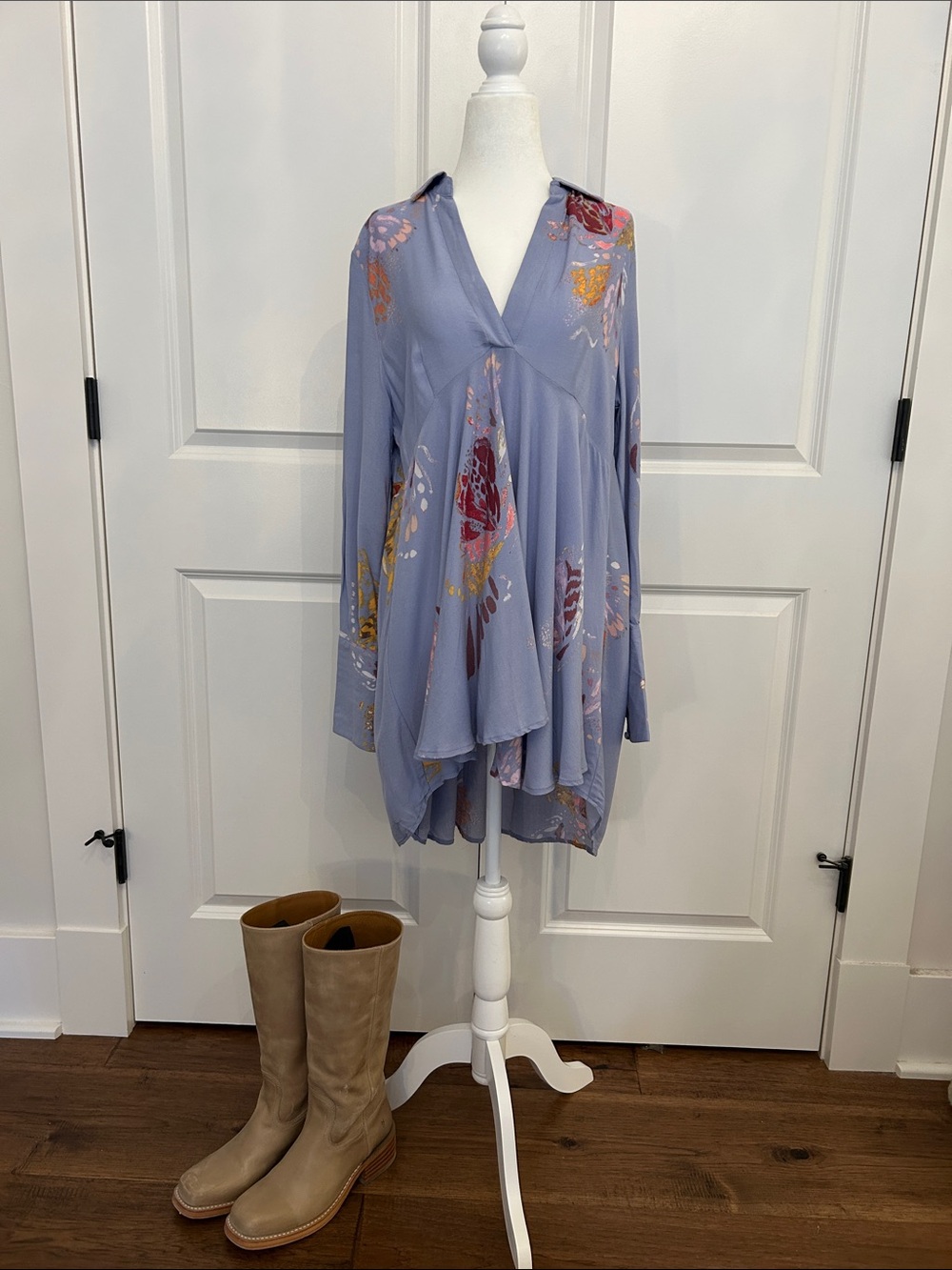 Free People Chambray Combo V-Neck Peasant Tunic